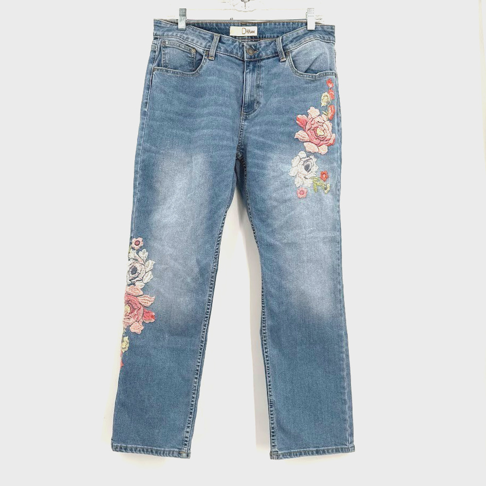 Dittos Women's Size 14 Floral Embroidered Straight Leg Jeans Blue Stretch Denim